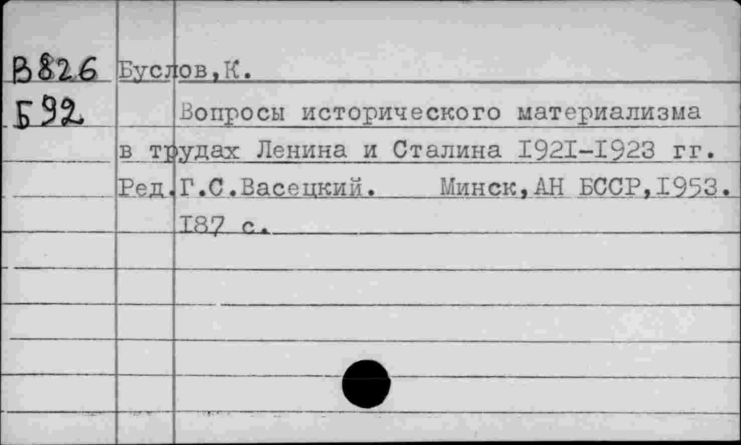 ﻿В «16	Бус;	св, К.
		Вопросы исторического материализма
	в Т1	удах Ленина и Сталина 1921-1923 гг.
			Ред,	Г.С.Васецкий.	Минск«АН БССР«1953. 187
		
		
		
		
		
		